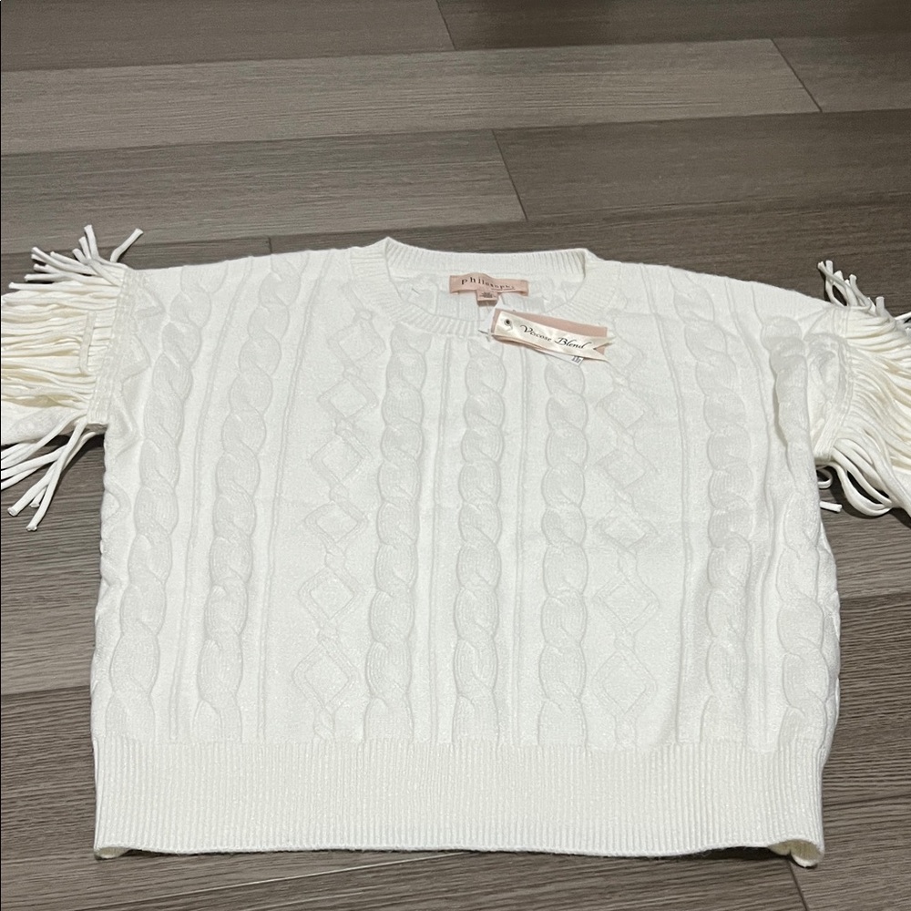 Philosophy Ivory Cable Knit Sweater with Fringe